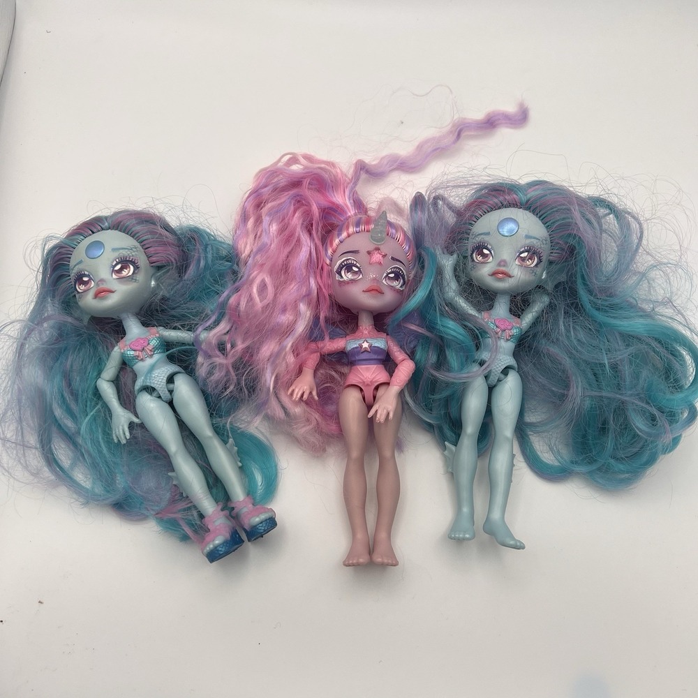 Magic Mixies Pixlings Lot of 3 Dolls 6" Blue & Pink Hair Mermaid Unicorns Moose